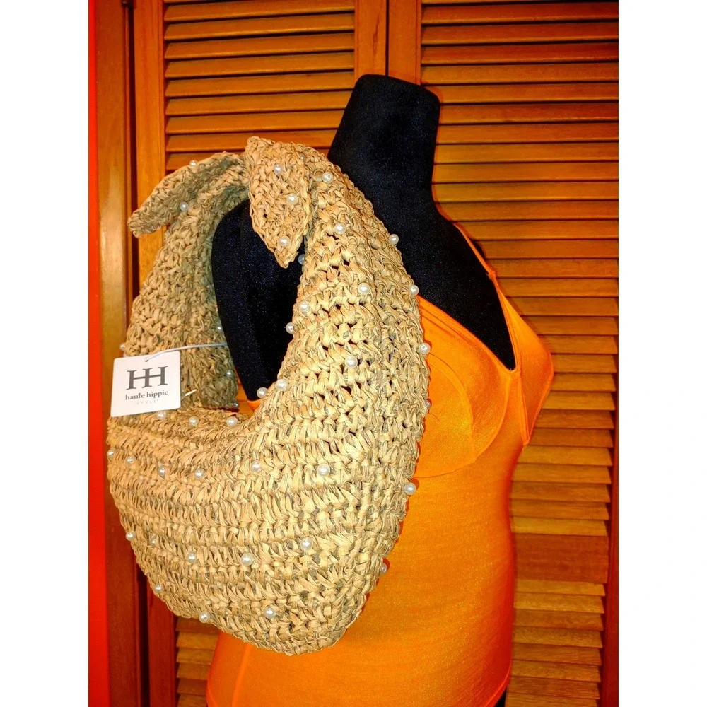 Haute Hippie Pearl Embellished Raffia Hobo Bag Women OS Tan Woven Straw NEW